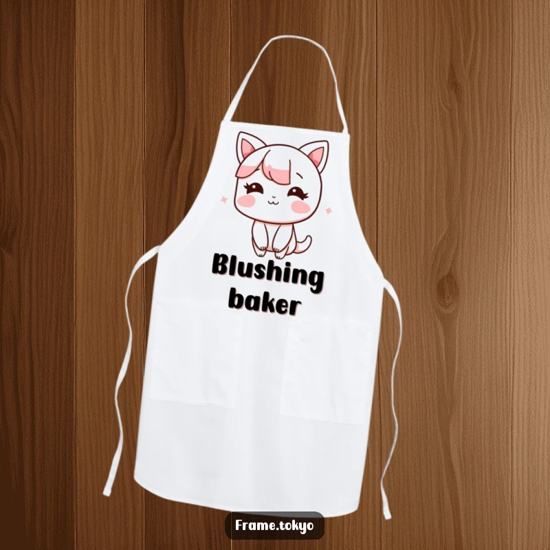 Funny Apron featuring a character blushing with a shy, happy smile, ideal for sweet kitchen moments and protection.