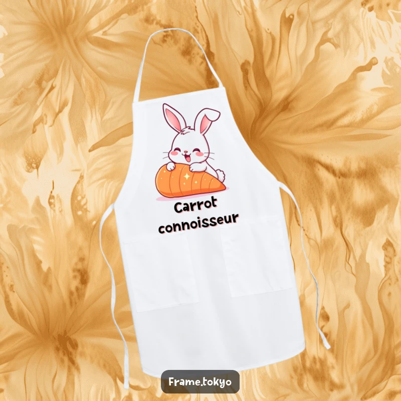 Funny Smiling Rabbit Apron with long ears, nibbling a giant sparkling carrot, for humorous kitchen wear.