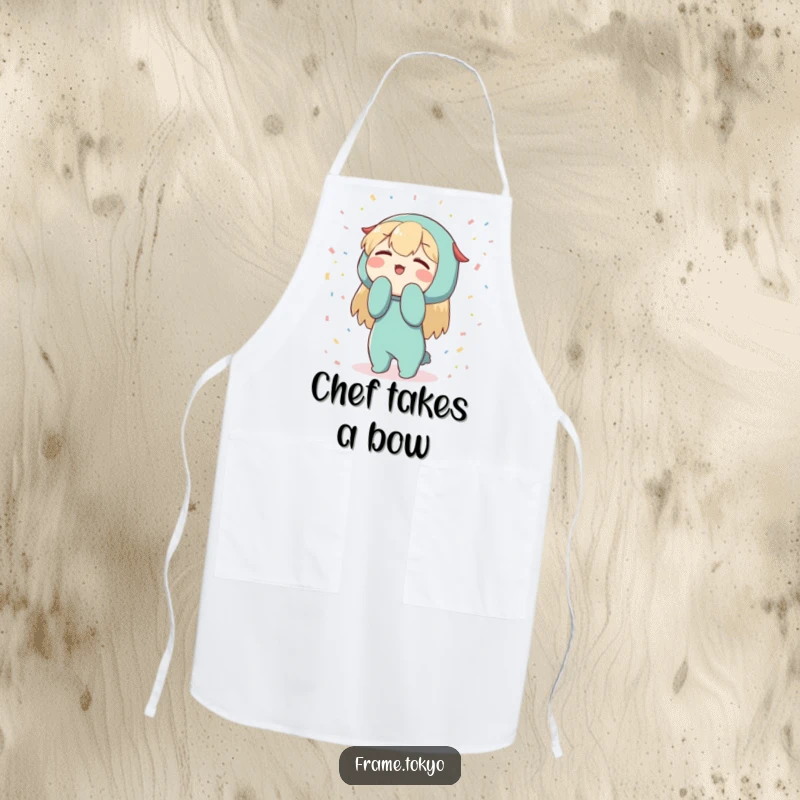 Funny Character Apron: Enthusiastic bowing character surrounded by confetti, a humorous and functional kitchen accessory.