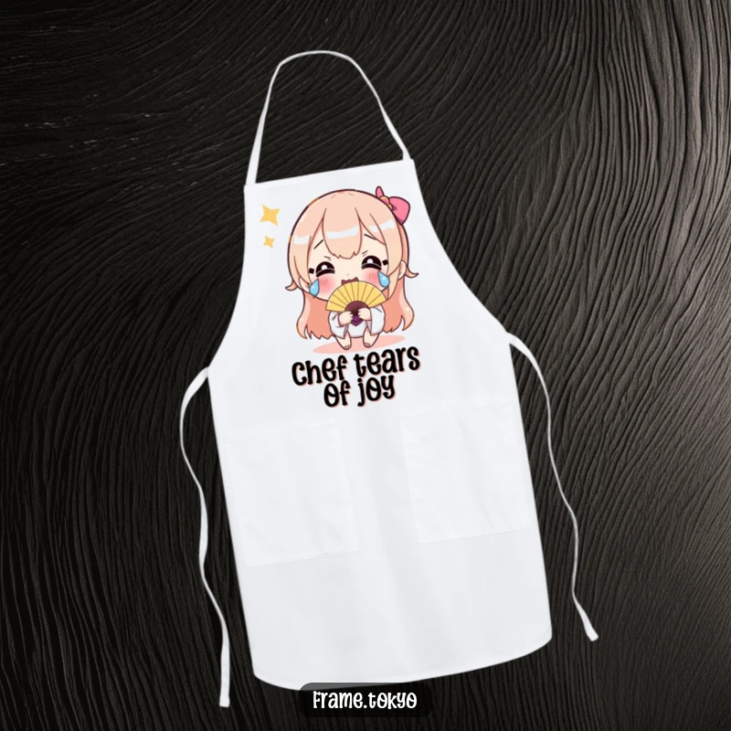 Funny apron featuring a character with happy tears and a fan, perfect for humorous cooking and adding festive flair.