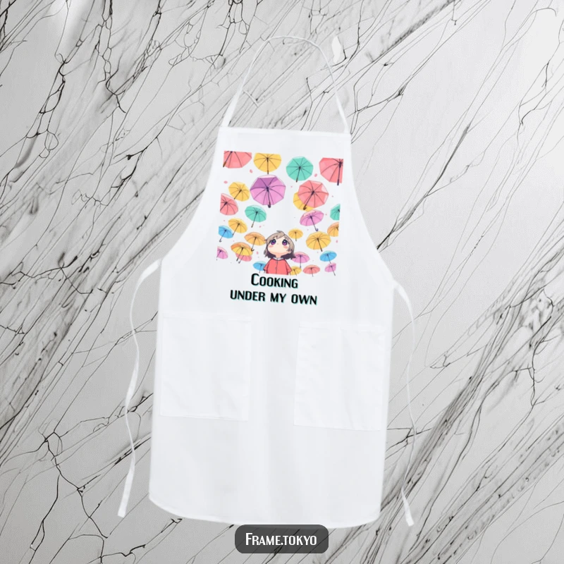 Funny Character Apron: Character looking up at a sky of colorful umbrellas, a whimsical and functional kitchen accessory.