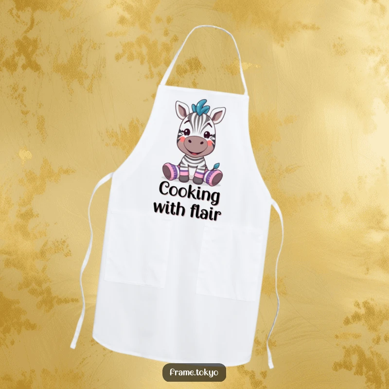 Funny zebra wearing oversized, mismatched socks and a silly grin, a hilarious apron for a playful cook.