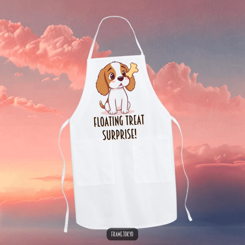 Funny Spaniel Apron showing a spaniel's exaggerated surprised expression at a floating bone treat, ideal for kitchen humor.