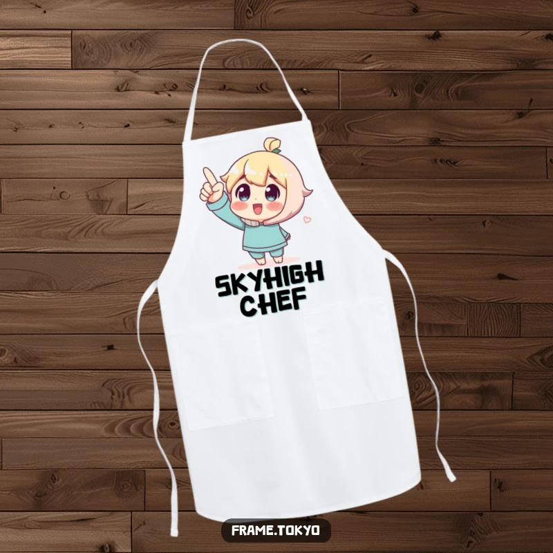 Funny Apron featuring a character pointing upwards with a look of wonder, ideal for kitchen inspiration and protection.