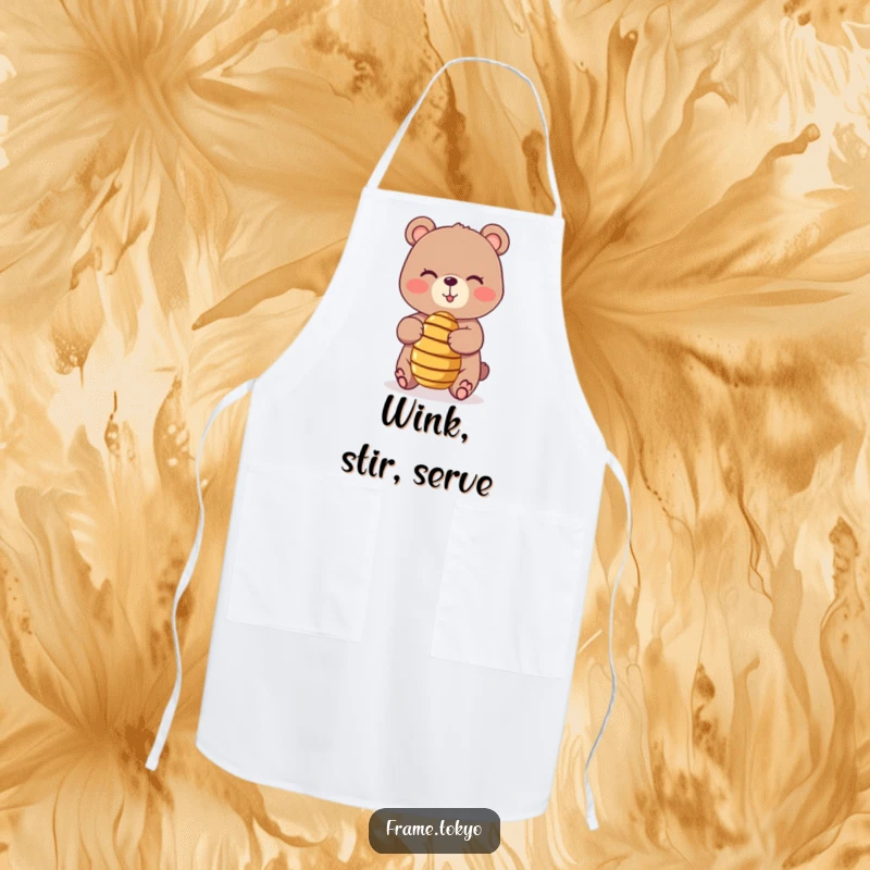 Funny apron featuring a playful, winking bear balancing a tiny, spinning honey dipper, perfect for a humorous and sweet cooking experience.