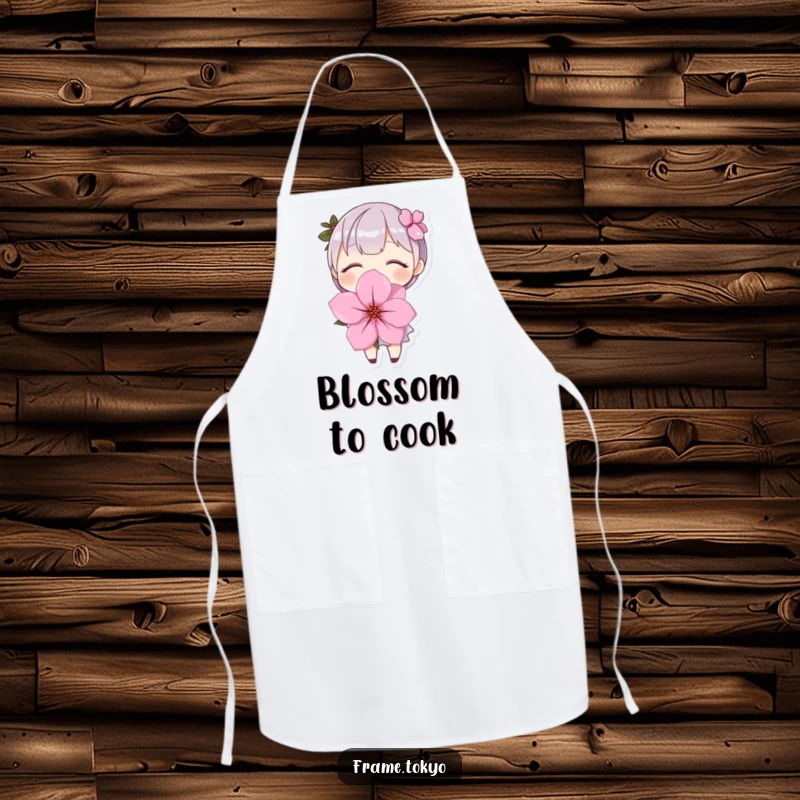 Funny Apron: A smiling character proudly holding an oversized cherry blossom while ready to cook.