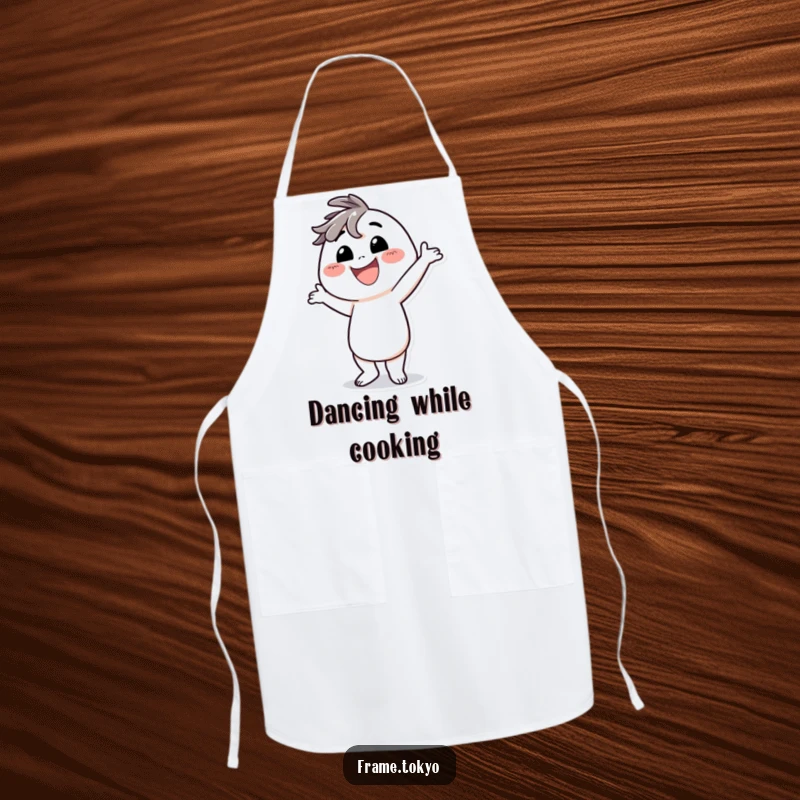 Funny apron depicting a character with a huge smile, striking a comically silly dance pose.