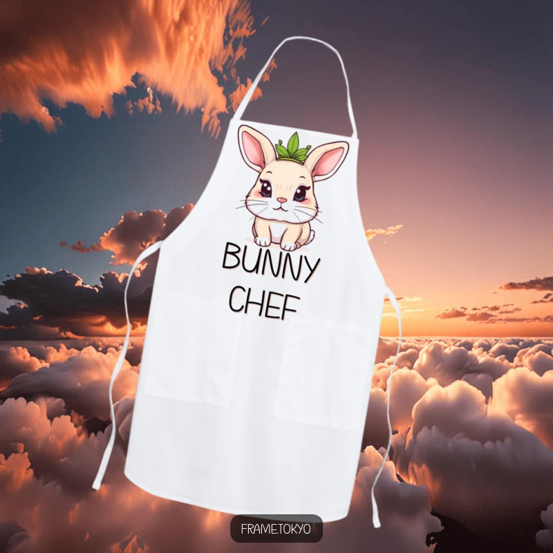 Funny Kawaii rabbit apron featuring a mischievous rabbit wearing a tiny leafy crown, perfect for kitchen royalty.