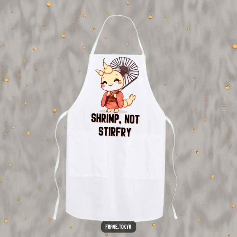 Funny kawaii tempura shrimp wearing a patterned kimono, peeking from behind a fan, on a stylish kitchen apron.