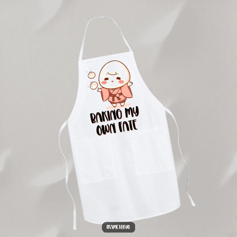 Funny mochi character in a kimono juggling three small dumplings, on a practical and stylish kitchen apron.