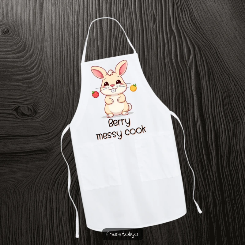 Funny apron design of a rabbit with a silly grin, juggling three small, glowing berries while cooking.
