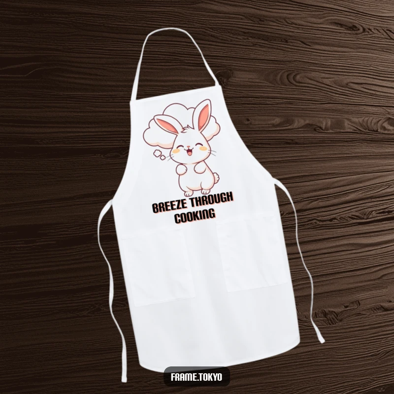 Funny apron design of a rabbit wiggling with delight, being gently blown by a smiling, fluffy cloud.