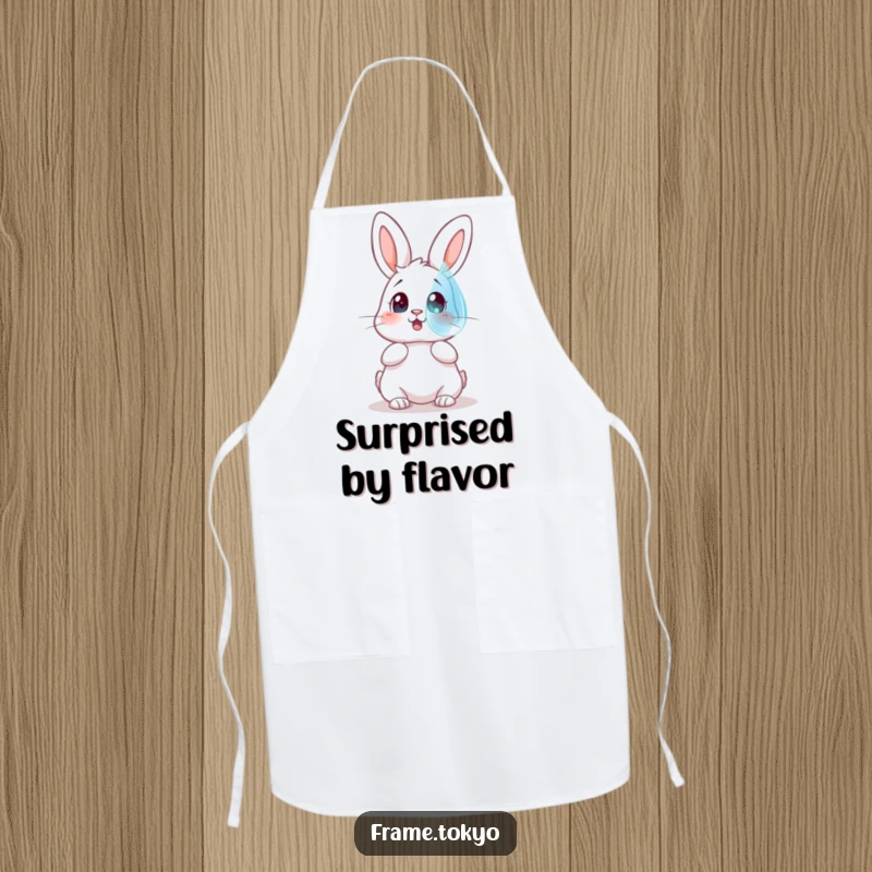 Funny apron of a rabbit with a surprised expression looking at a large, floating dewdrop while cooking.