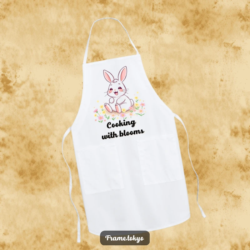 Funny apron of a happy rabbit with a wide grin, rolling in a field of tiny, glowing flowers while cooking.