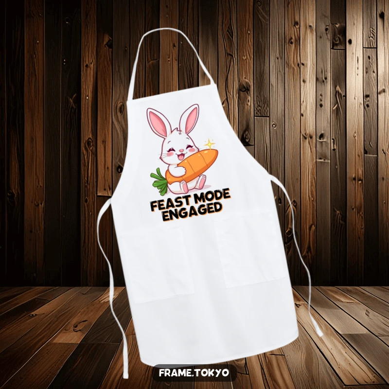 Funny apron showcasing a smiling rabbit with long ears, happily nibbling on a giant, shimmering carrot while cooking.
