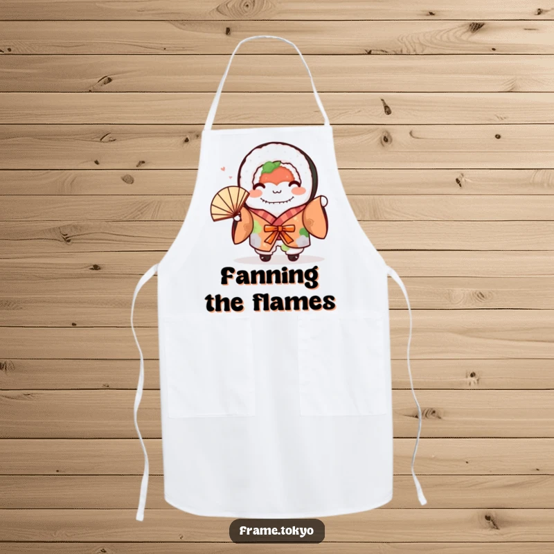 Funny sushi roll in a kimono excitedly waves a fan, featured on a functional and humorous apron.