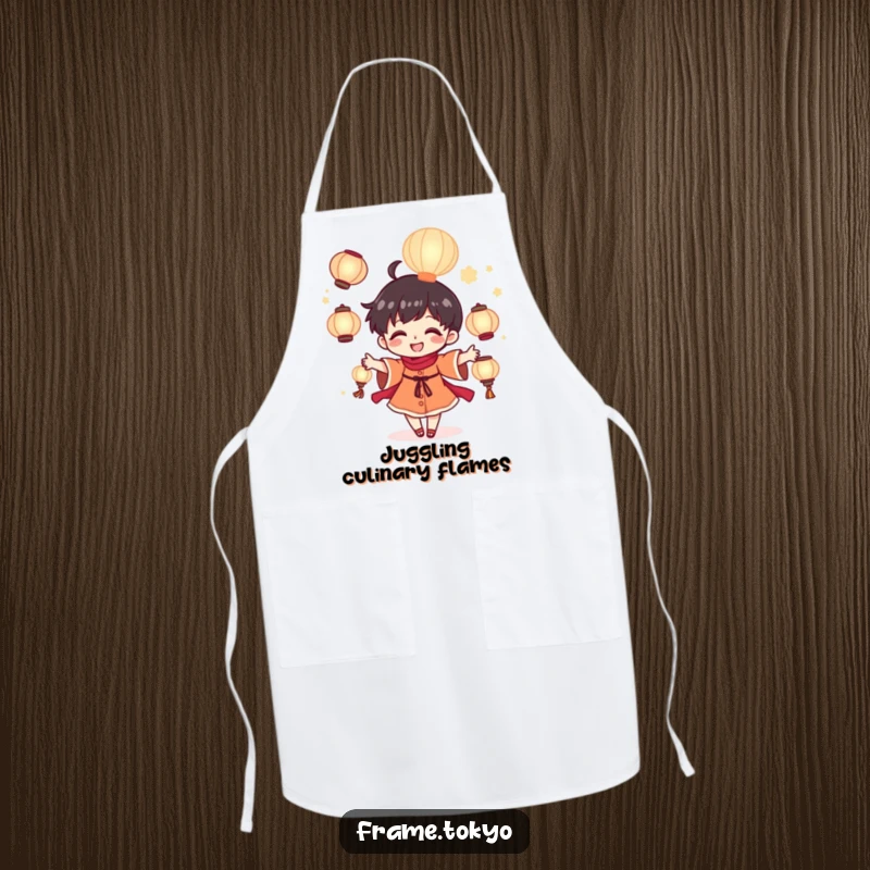 Funny tiny juggler apron featuring a cheerful character joyfully juggling luminous glowing lanterns, a magical kitchen accessory.