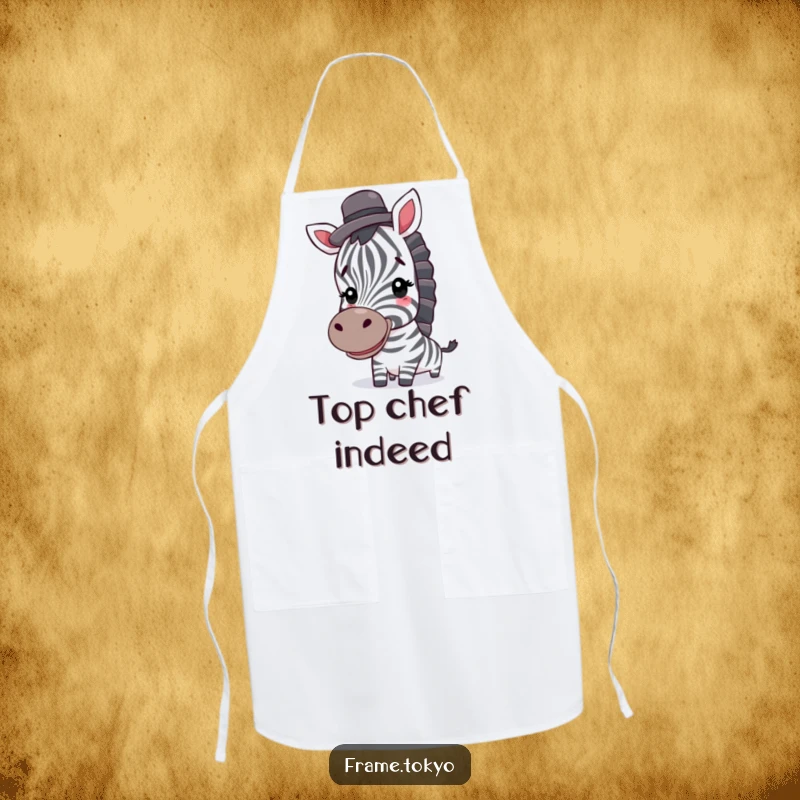 Funny zebra apron; a smiling zebra sporting a top hat adds a touch of culinary humor and class.