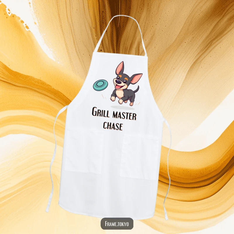 Funny pinscher apron showing a dog with a goofy grin playfully chasing a bouncing mini frisbee, perfect for kitchen fun.