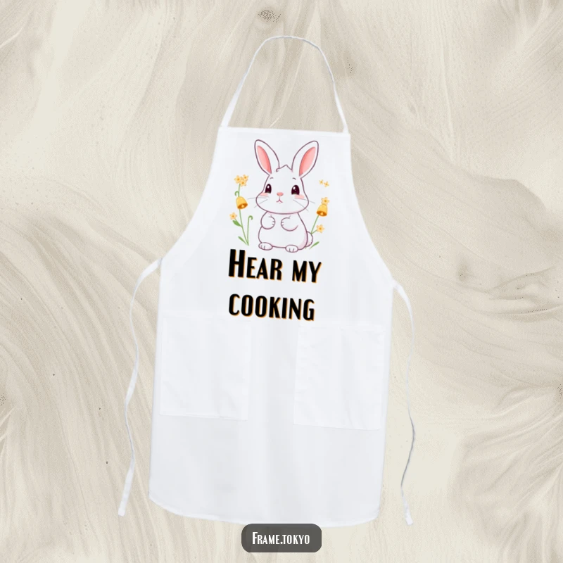 Funny apron design with a rabbit listening to the chime of tiny, bell-shaped flowers, adding whimsical charm to meal prep.