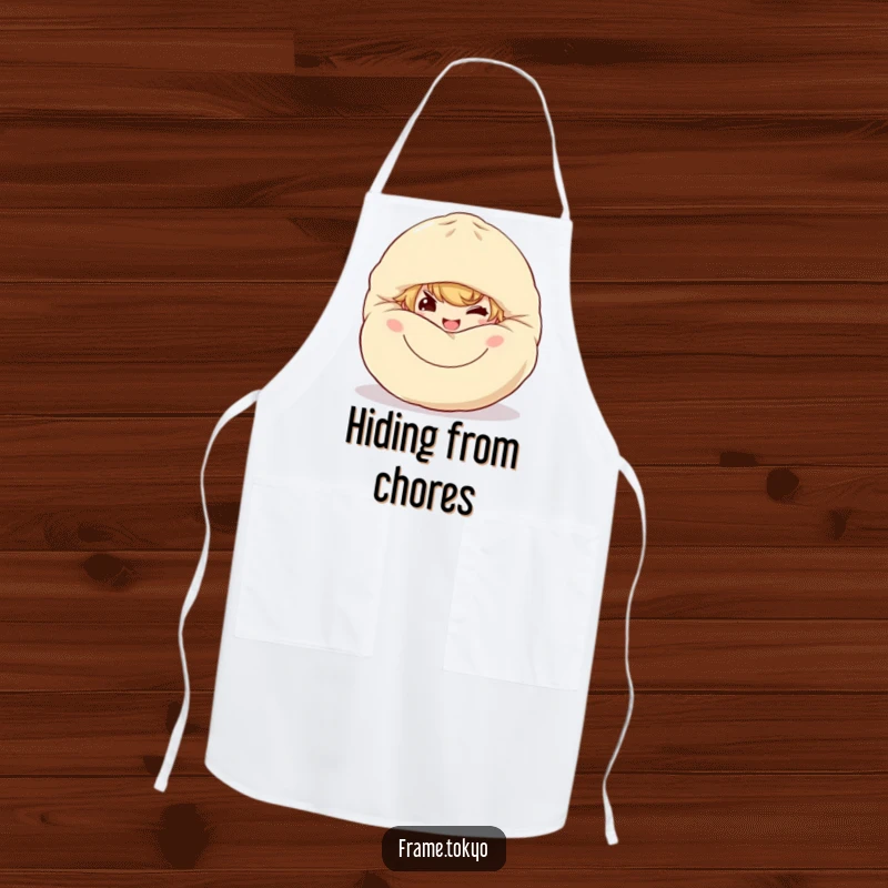 Funny dumpling sneak apron featuring a character with a mischievous grin peeking from behind a large, smiling dumpling.