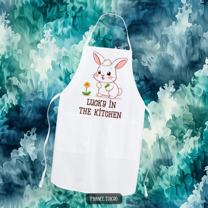 Funny apron showcasing a rabbit with a twitching nose, playfully chasing a bouncing, colorful clover while cooking.