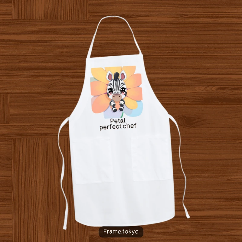 Funny zebra apron; a curious zebra with sparkling eyes peeks around a flower, adding whimsical humor to cooking.