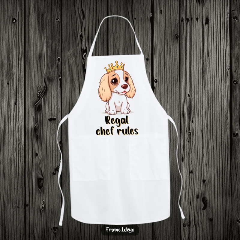 Funny Spaniel Apron featuring a spaniel with a mischievous expression and a tiny crown, perfect for the royal cook.