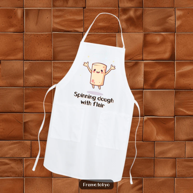 Funny cylindrical character apron spinning with arms outstretched, surrounded by a sparkling halo, ready to create magical dishes.