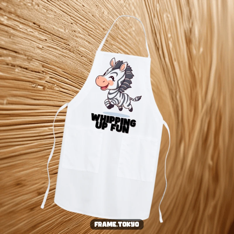 Funny zebra apron; a joyful zebra chases its striped tail, adding a burst of playful humor to cooking.