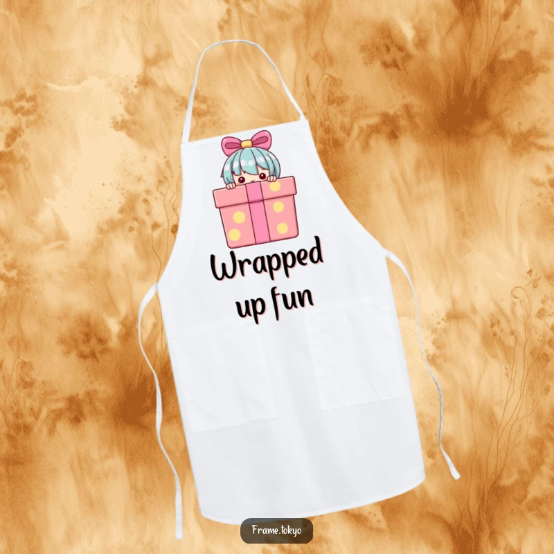 Funny Apron showing a character peeking playfully from behind a large gift box, ideal for kitchen fun and protection.