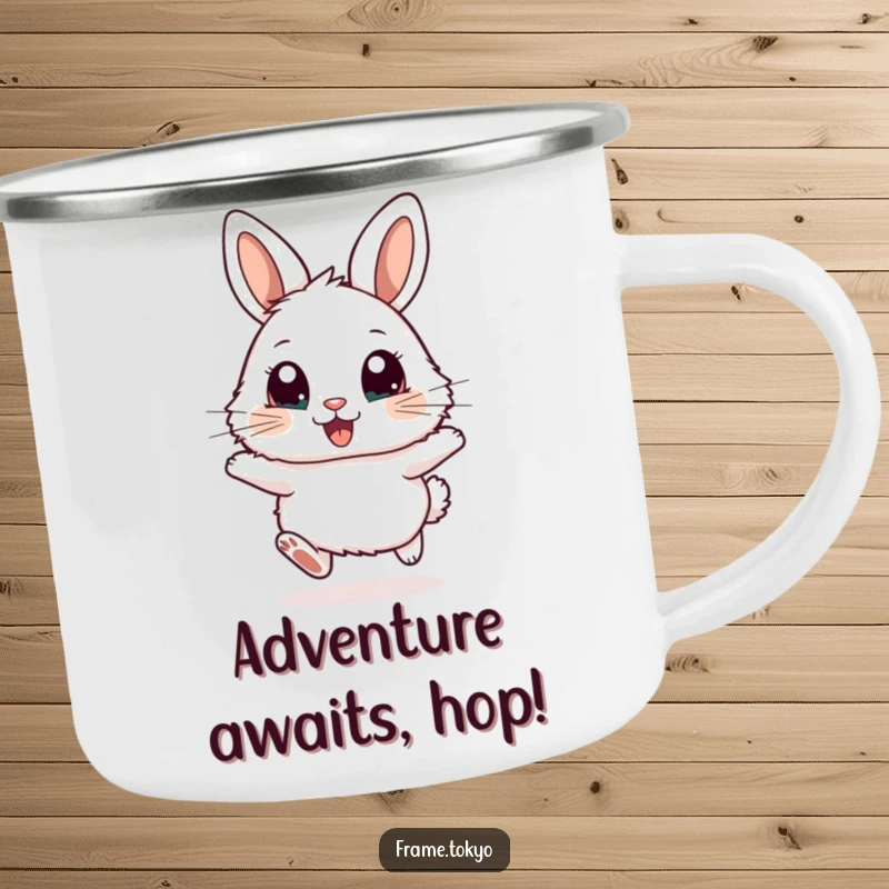 Funny camping mug featuring a fluffy rabbit with big, excited eyes, happily hopping on a trail.