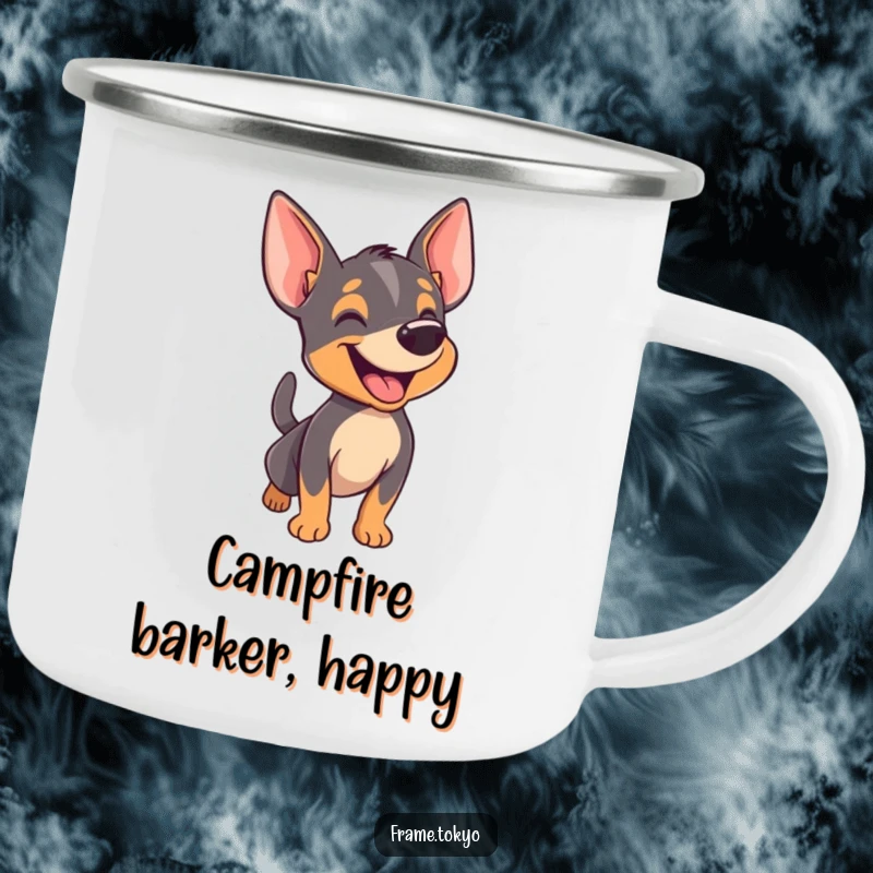 Funny pinscher camping mug showing a dog happily barking with its tail wagging furiously, perfect for outdoor cheer.