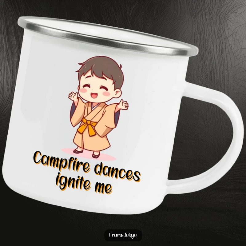 Funny camping mug with a happy character in a Japanese robe doing a silly dance, durable for outdoor use.