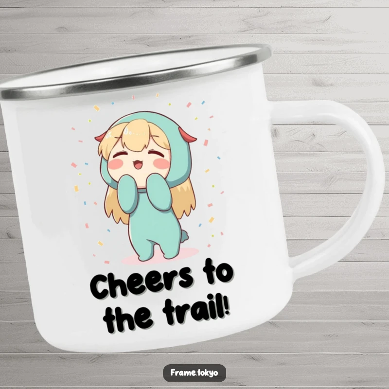 Funny Character Camping Mug: Enthusiastic bowing character surrounded by confetti, a humorous and durable outdoor mug.