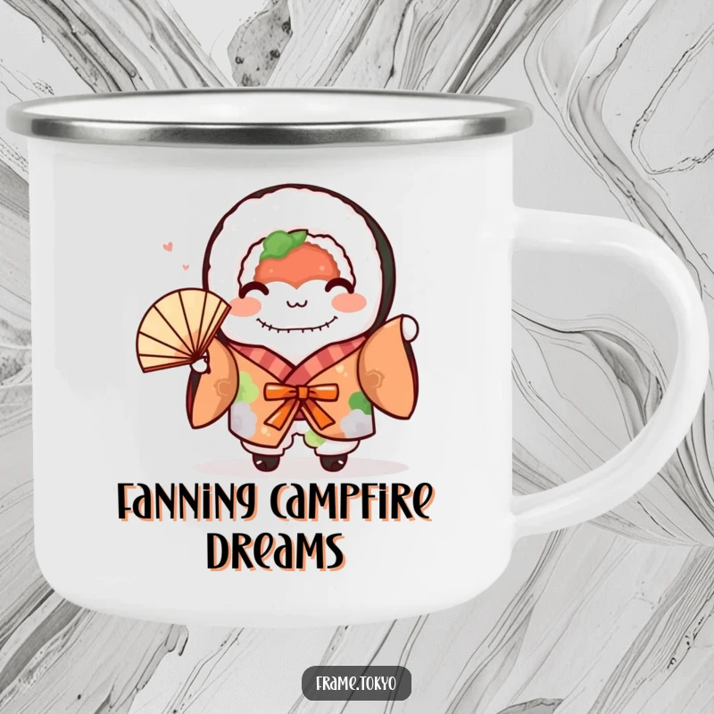 Funny sushi roll wearing a kimono and waving a fan, perfect for outdoor enjoyment on this camping mug.