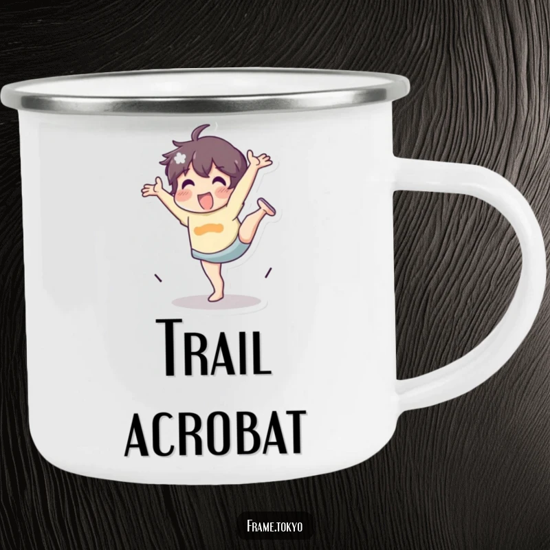 Funny Camping Mug featuring a character doing a cartwheel with energetic enthusiasm, perfect for outdoor drinks and fun.