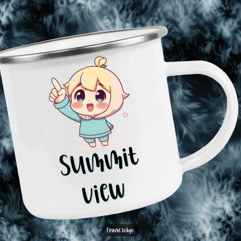 Funny Camping Mug featuring a character pointing upwards with wonder, perfect for outdoor drinks and inspirational moments.