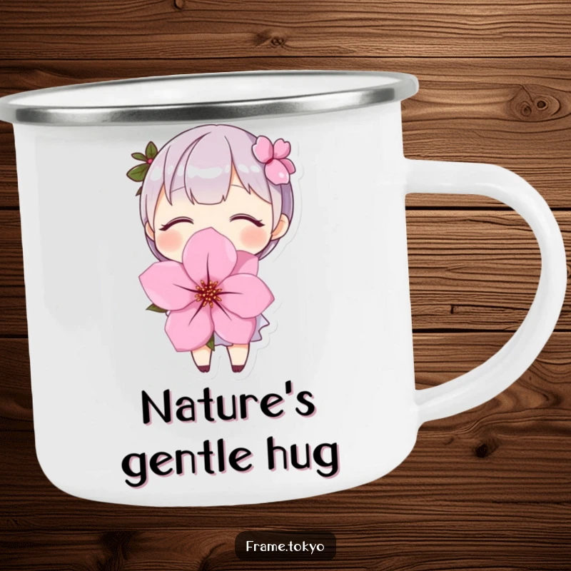 Funny Camping Mug: Character with a joyful smile embraces a vibrant cherry blossom, ready for the outdoors.