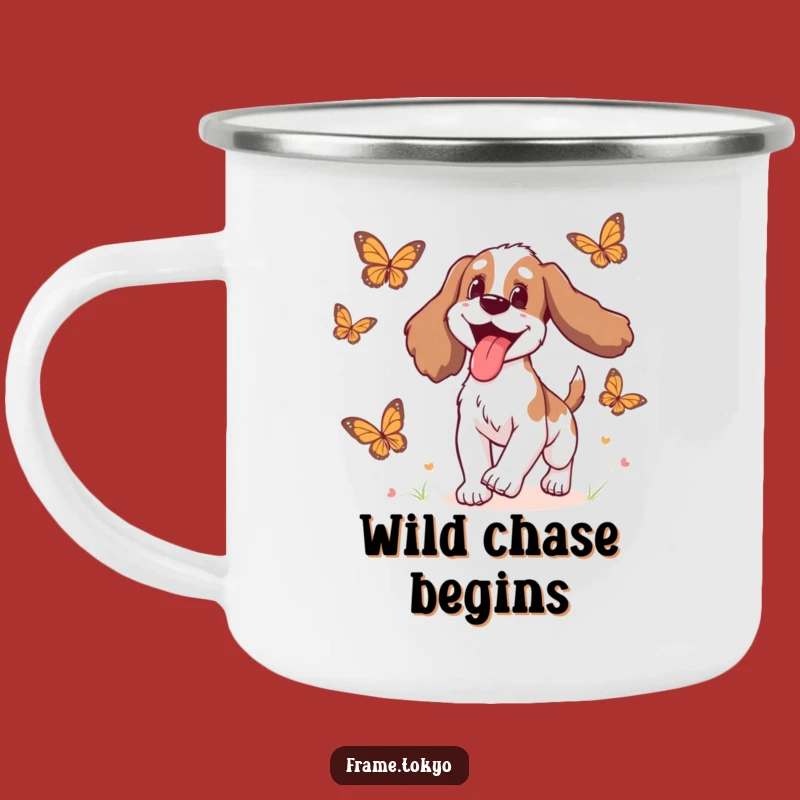 Funny Delighted Spaniel Camping Mug: Chase Adventure with Butterflies!