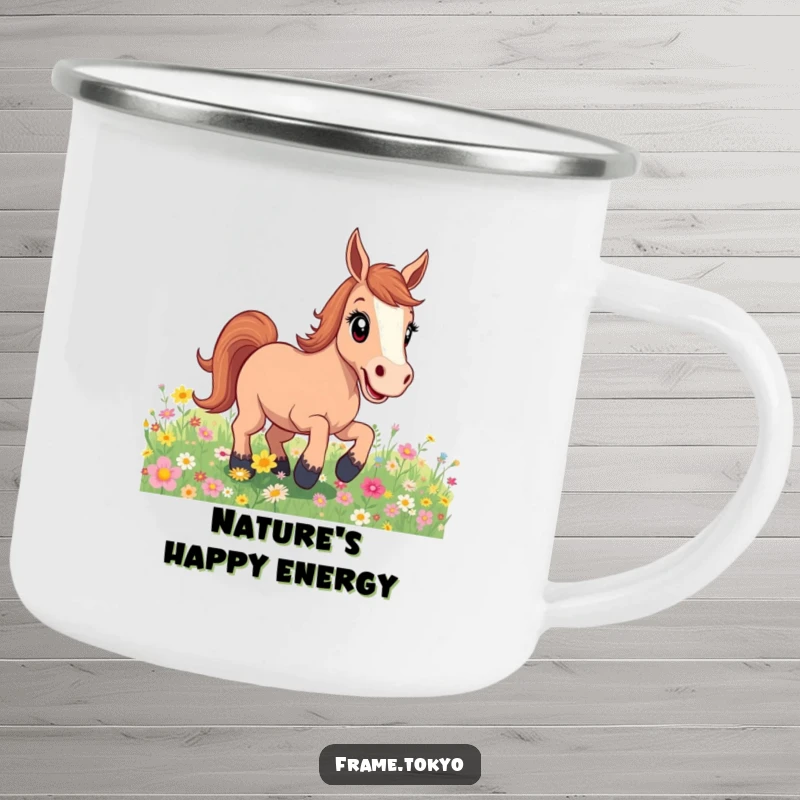 Funny excited horse flower field camping mug, perfect for adventurers who love nature and a touch of playful, spirited design.