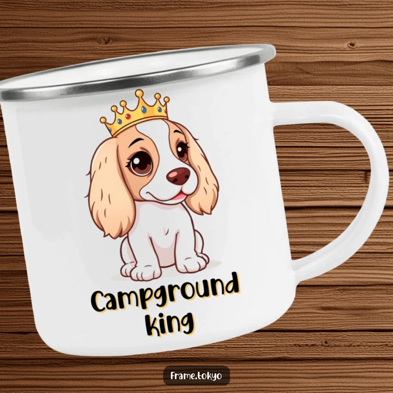 Funny Spaniel Camping Mug depicting a spaniel with a mischievous glint and a tiny crown, ready for royal camping.