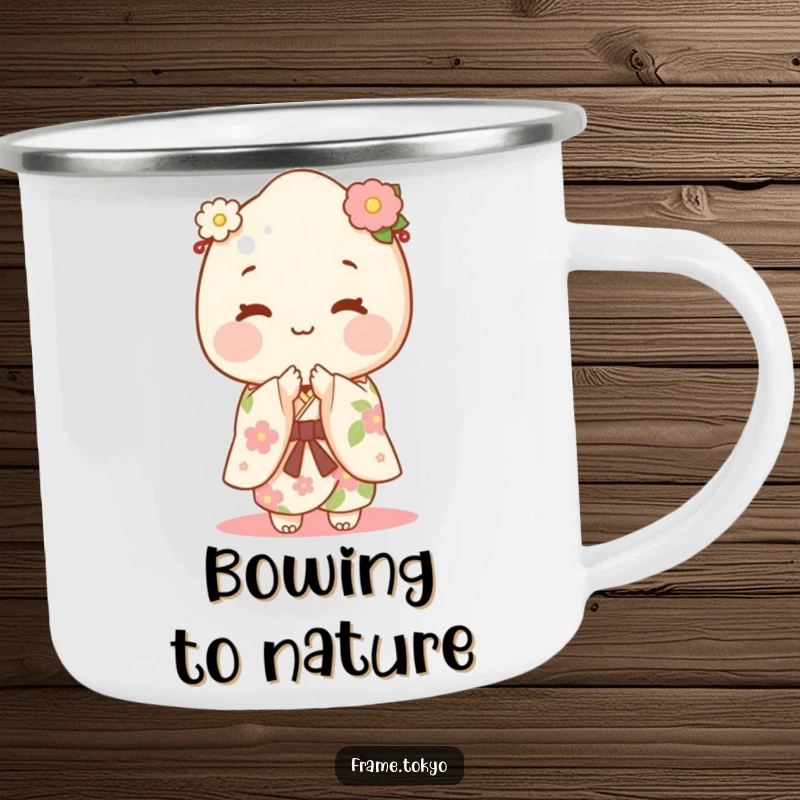 Happy mochi character wearing a kimono and bowing, perfect for outdoor enjoyment on this camping mug.