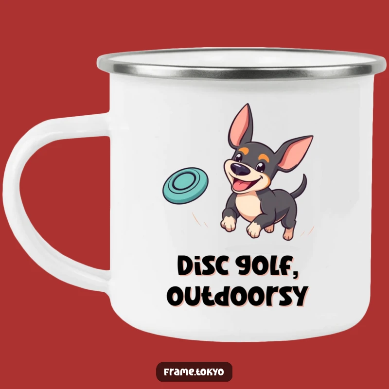 Funny Pinscher Frisbee Camping Mug: Adventure with Playful Spirit