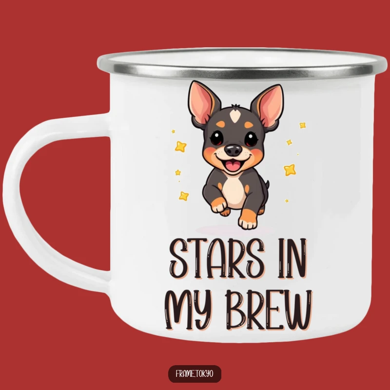 Funny Pinscher Pounce Camping Mug: Joyful Star-Scattering Adventures, Perfect Outdoor Gift