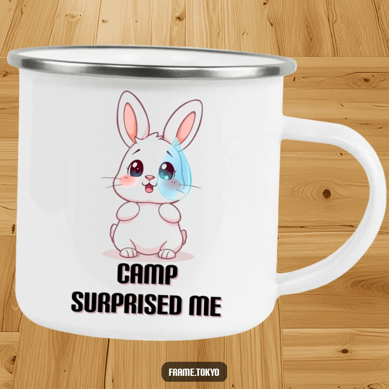 Funny camping mug of a rabbit with a surprised expression looking at a giant, floating dewdrop during an outdoor adventure.