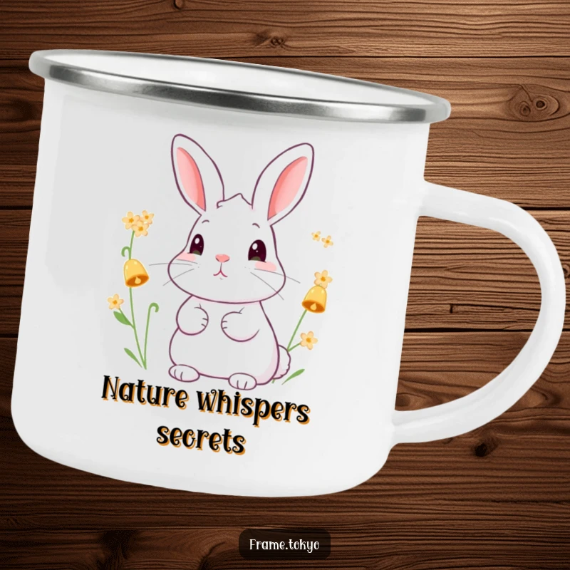 Funny camping mug showing a rabbit with alert ears, listening to the gentle chime of tiny, bell-shaped flowers on an adventure.
