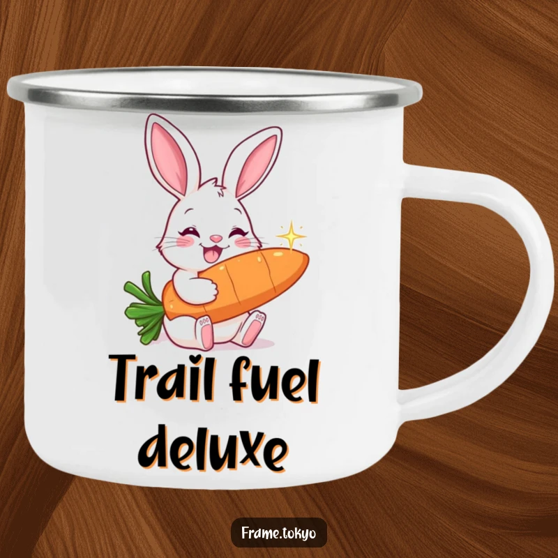 Funny camping mug featuring a smiling rabbit with long ears, contentedly nibbling on a large, sparkling carrot.