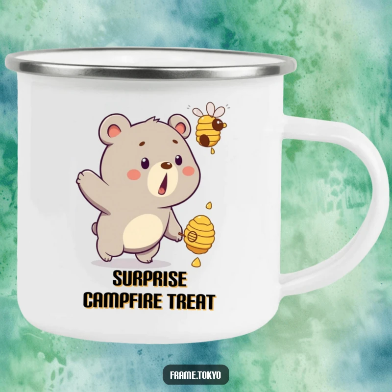 Funny bear camping mug with a surprised bear comically chasing a dripping beehive, ready for outdoor fun.