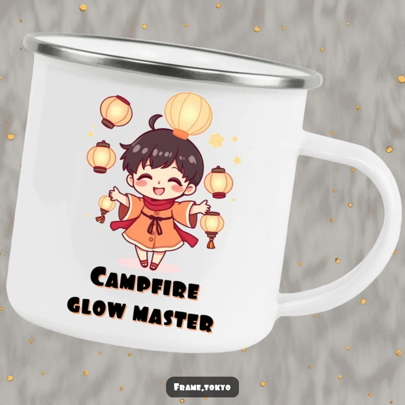 Funny tiny juggler camping mug showing a cheerful character joyfully juggling luminous glowing lanterns, a magical sight.
